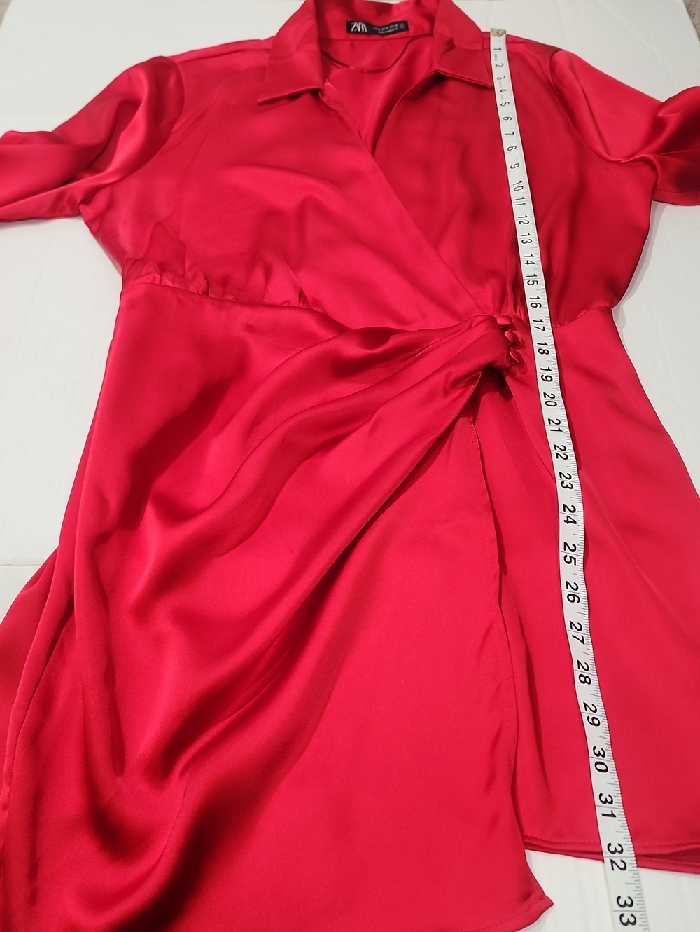Zara Red Silk Satin Mini Night Out Long Sleeve Dress Size M - Picture 9 of 9